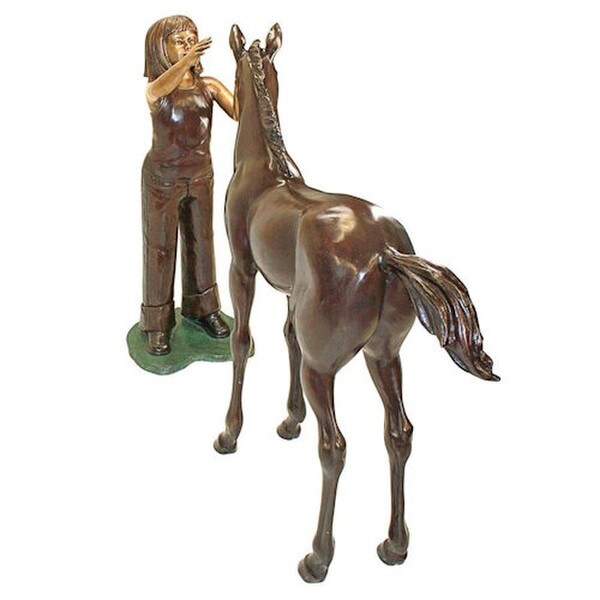 Cowgirl Equestrian Girl and Horse Cast Bronze Garden Statue Set